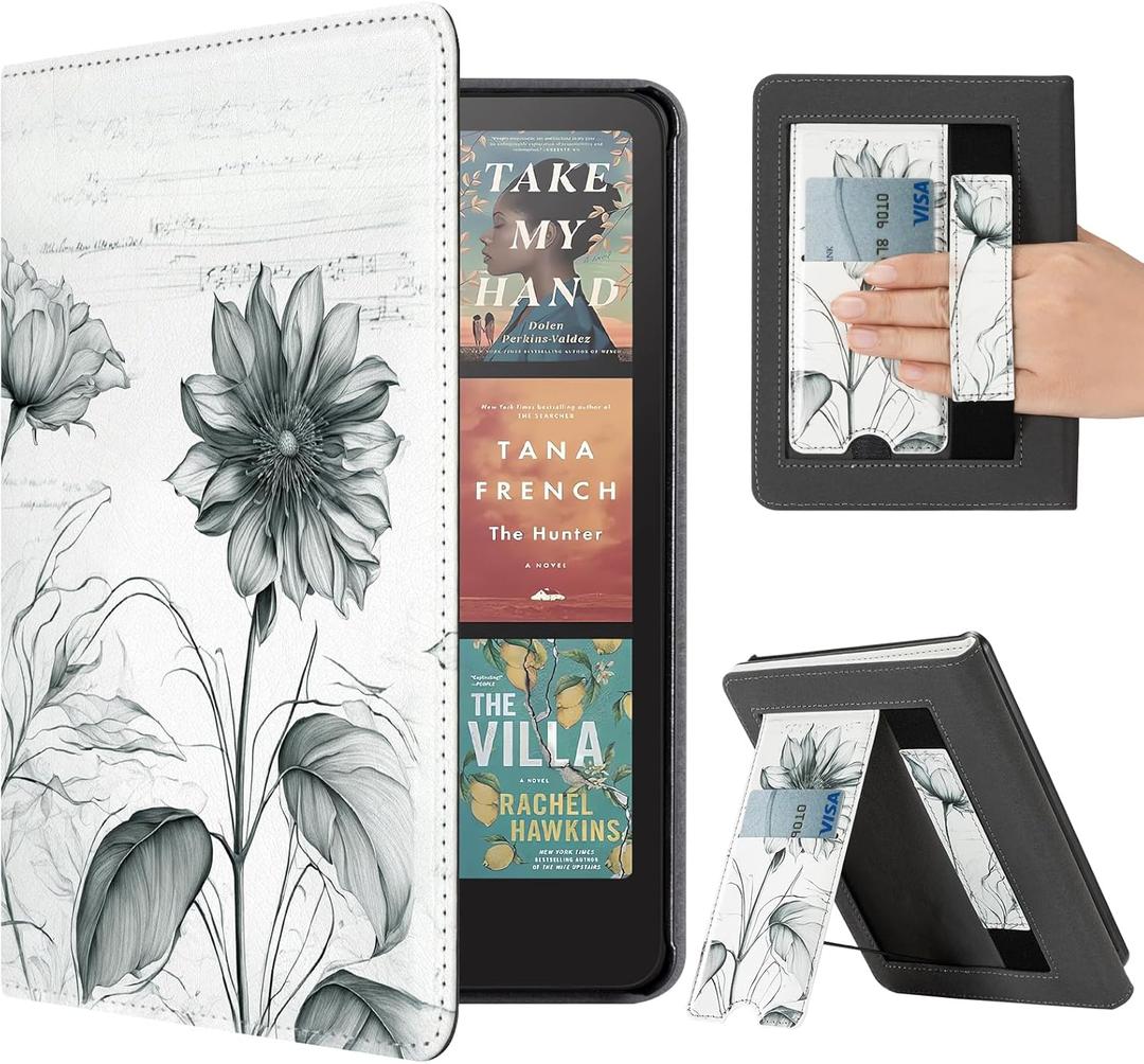 CoBak Case with Stand for Kindle Paperwhite 12th Gen 2024 Released (7") & Kindle Colorsoft Signature Edition - Durable PU Leather Cover with Auto Sleep Wake, Card Slot, Hand Strap Feature, Sunflower