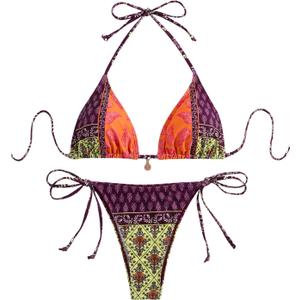 Verdusa Women's 2 Piece Paisley Print Swimsuit Boho Halter Backless High Cut String Bikini Set (Multicolor)