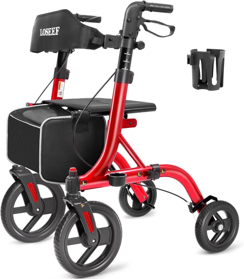 LOSEEF Rollator Walkers for Seniors, 10" Big Rubber Wheels All Terrain Rollator Walker with Adjustable Backrest and Handles, 350 Lbs, Cup Cane Holder, Foldable Lightweight Walker with Seat for Seniors Red