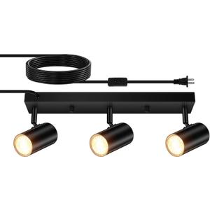 3 Light Track Lighting Kit,Black 3 Way Modern Plug in Ceiling Spotlight,Industrial LED Wall Light for Kitchen Cabinet Gallery Bar Hallway Living Room,Rocker Switch,15 Foot Cord(No Bulb)