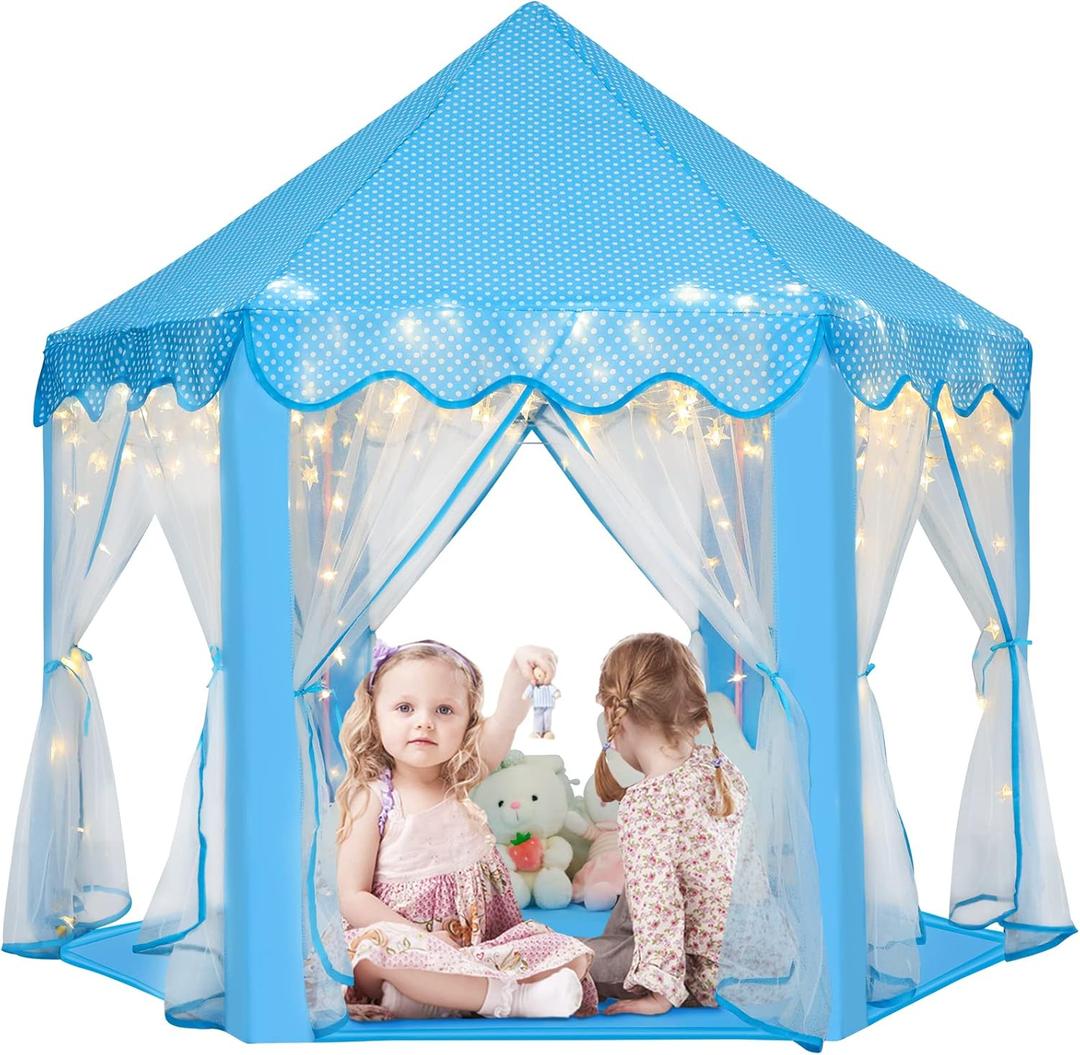 Monobeach Princess Castle Playhouse for Girls - Large Kids Tent with Star Lights for Indoor & Outdoor Play, 55'' x 53'' (DxH) (Blue Princess Tent with Little Star Lights)