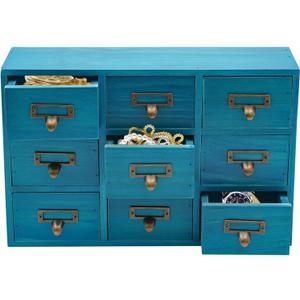 Apothecary Cabinet with Drawers, Tabletop Apothecary Cabinets Library Card Catalog Cabinet Herb Storage Box Wooden Desk Drawer Organizer Vintage Furniture for Medicine, Tea (Blue, 9 Drawers)