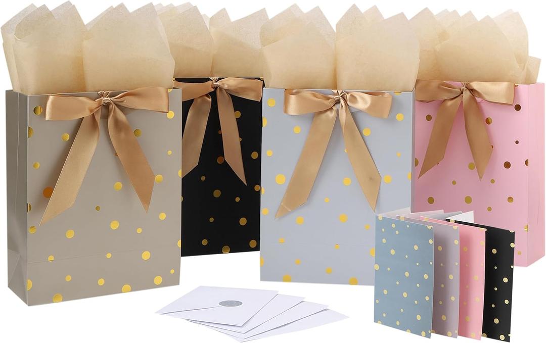 4-Pack 10.6 Medium Gift Bag Set with Handles, Greeting Card, Tissue Papers and Stickers for for Women Girls Men Boys Kids Teens for Birthday Party, Shopping, Wedding, Mothers Day, Gold Foil Dots design, 4 Pcs
