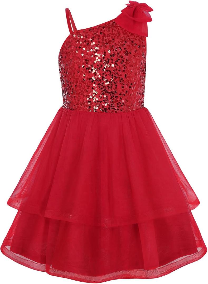 GRACE KARIN Girls Party Sequin Formal Dress 7-14Y Birthday Dance Graduation Sparkly Pageant Dresses Wedding Flower Girl Dress (Red, 10Y)