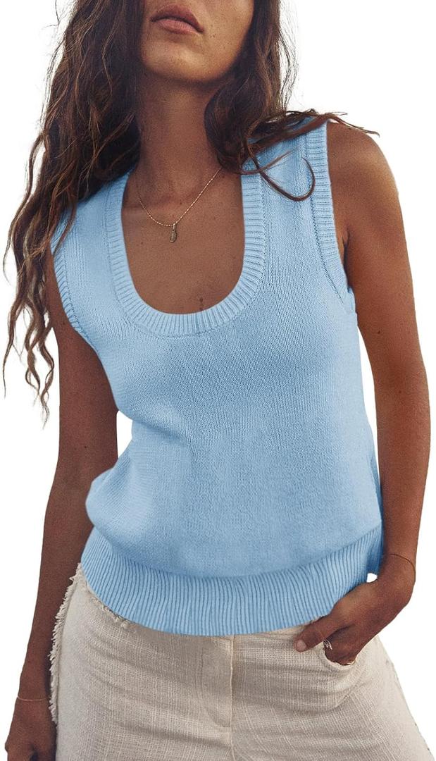 Saodimallsu Womens Summer Sweater Vest Sleeveless Ribbed Knit Tank Tops Going Out Casual Basic Scoop Neck Tshirt (Small, Light Blue)