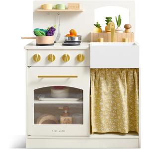 Tiny Land Play Kitchen, Kids Kitchen Playset, Toddler Kitchen with Cutting Food Set, Wooden Kitchen Sets for Kids, Best Gift for Girls and Boys (White)