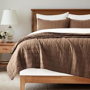 EVERGRACEHOME 100% Cotton Box Stitch Quilt Bedding Set Queen Size 3 Pieces, Garment-Washed Lightweight Soft Cozy Coverlet, Quilted Bedspread Sets with 2 Shams for All Season, Sienna Brown | Box Stitch Design, 100% Cotton, Soft, Oversized, Pre Washed, Oeko-Tex Certified
