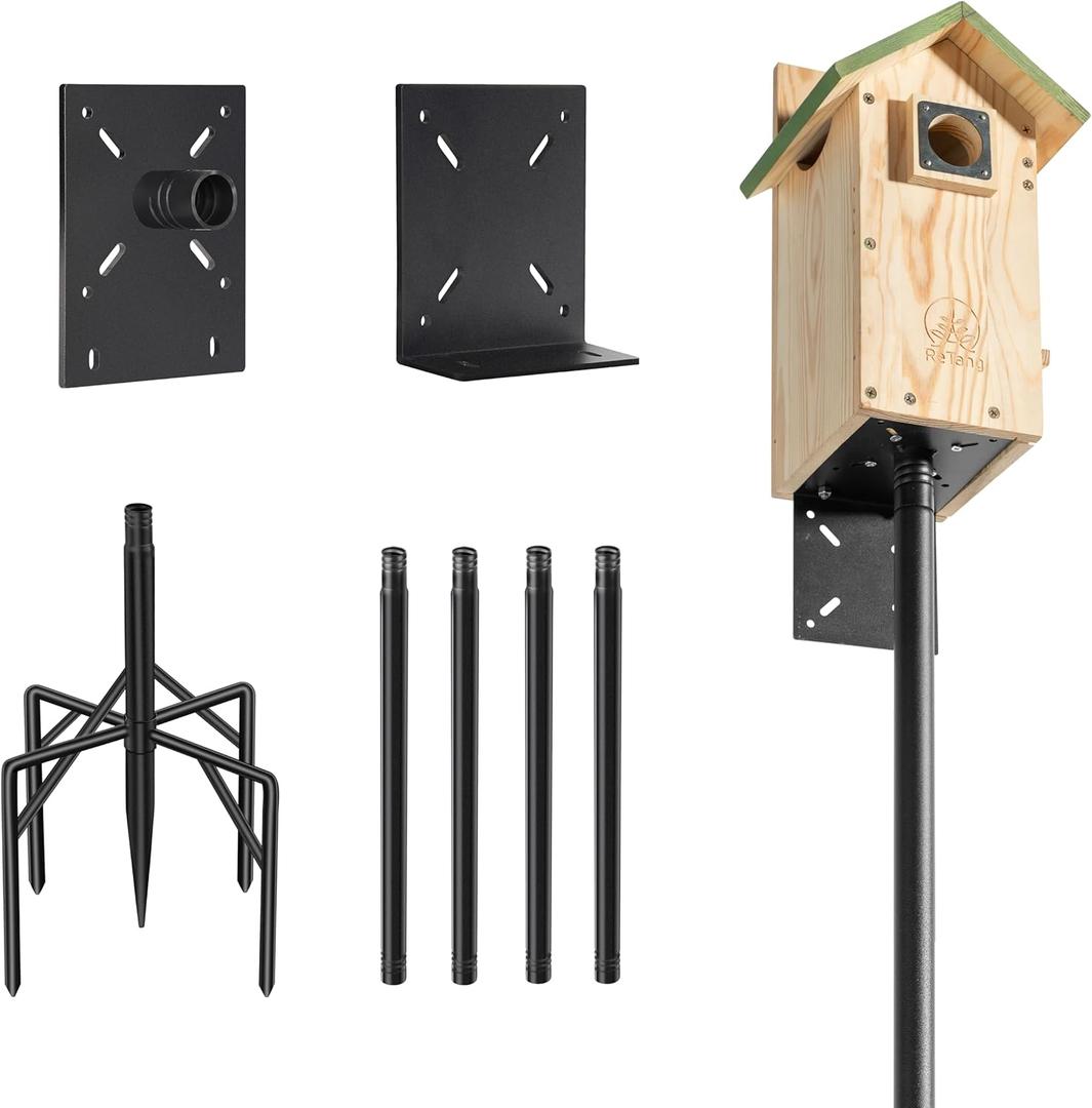 77 Inch Heavy Duty Smart Bird Feeder Pole for Outdoors with 5-Prong Base and 2 Plates, Rust-Proof Metal Wild Bird Feeder Stand/Post, Adjustable Birdhouse Pole, Weather Station Mounting Kit (Black)