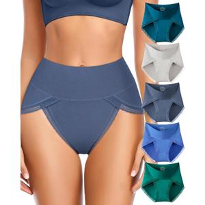 UMMISS Cotton Underwear for Womens High Waisted Slight Tummy Control High Cut Panties Full Coverage Ladies Briefs 5 Pack (Medium)