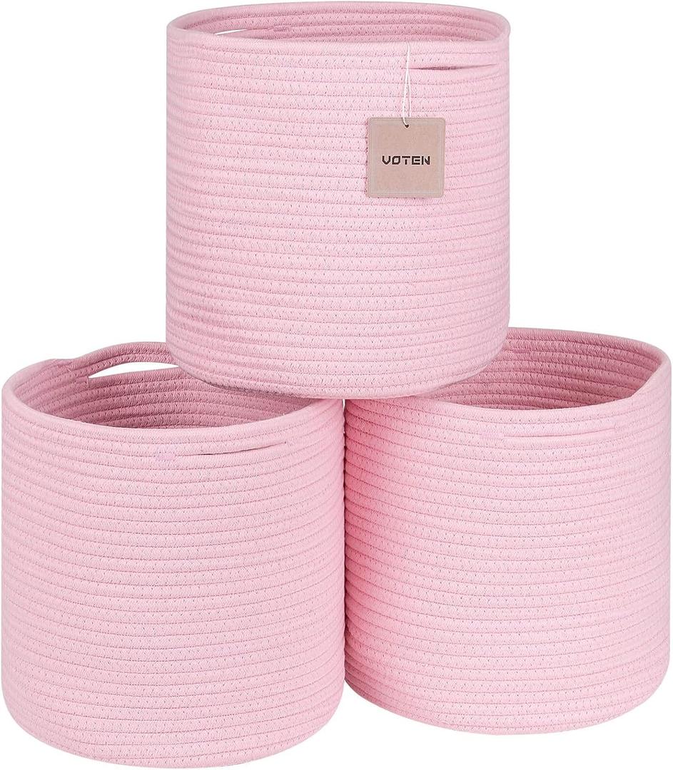 voten Storage Cubes Baskets Bins Organizer 11x11x11'' Fit 12x12''Cube Storage Organizer Bookcases Shelf,Durable Woven Cotton Storage Basket for Organizing,Round 3Pack Pink, L11xW11xH10.7