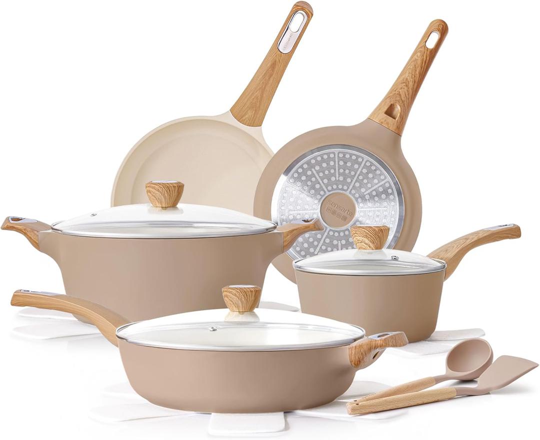 SENSARTE Nonstick Ceramic Cookware Set 14-Piece, Healthy Pots and Pans Set, Non-toxic Kitchen Cooking Set, Taupe