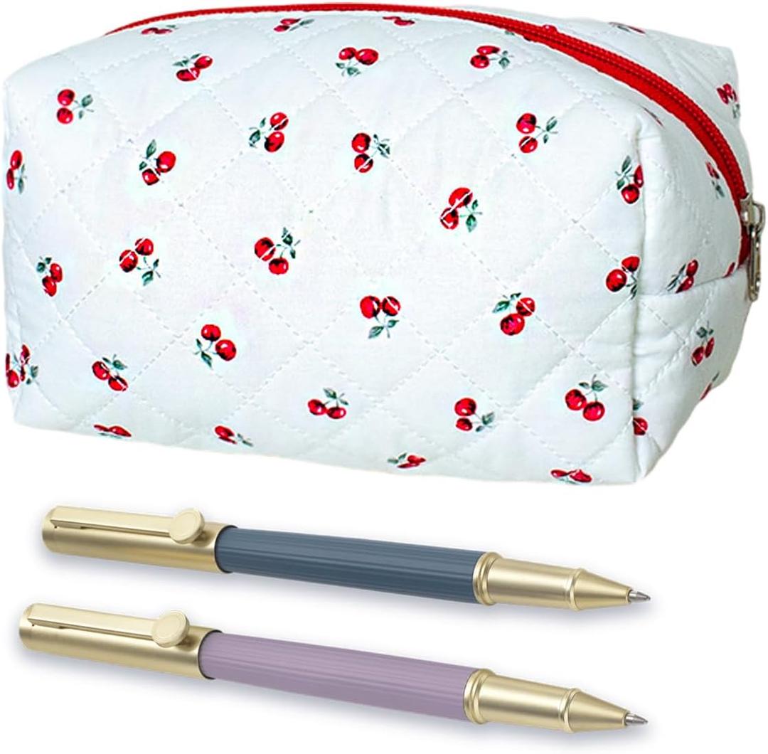 Cherry Pencil Case Soft Cotton Quilted Storage Bag Cherry Makeup Pouch Fruits Portable Pencil Case Makeup Brushes Storage Pouch Essentials Bag Travel Toiletry Bags with Zipper for Women Girls