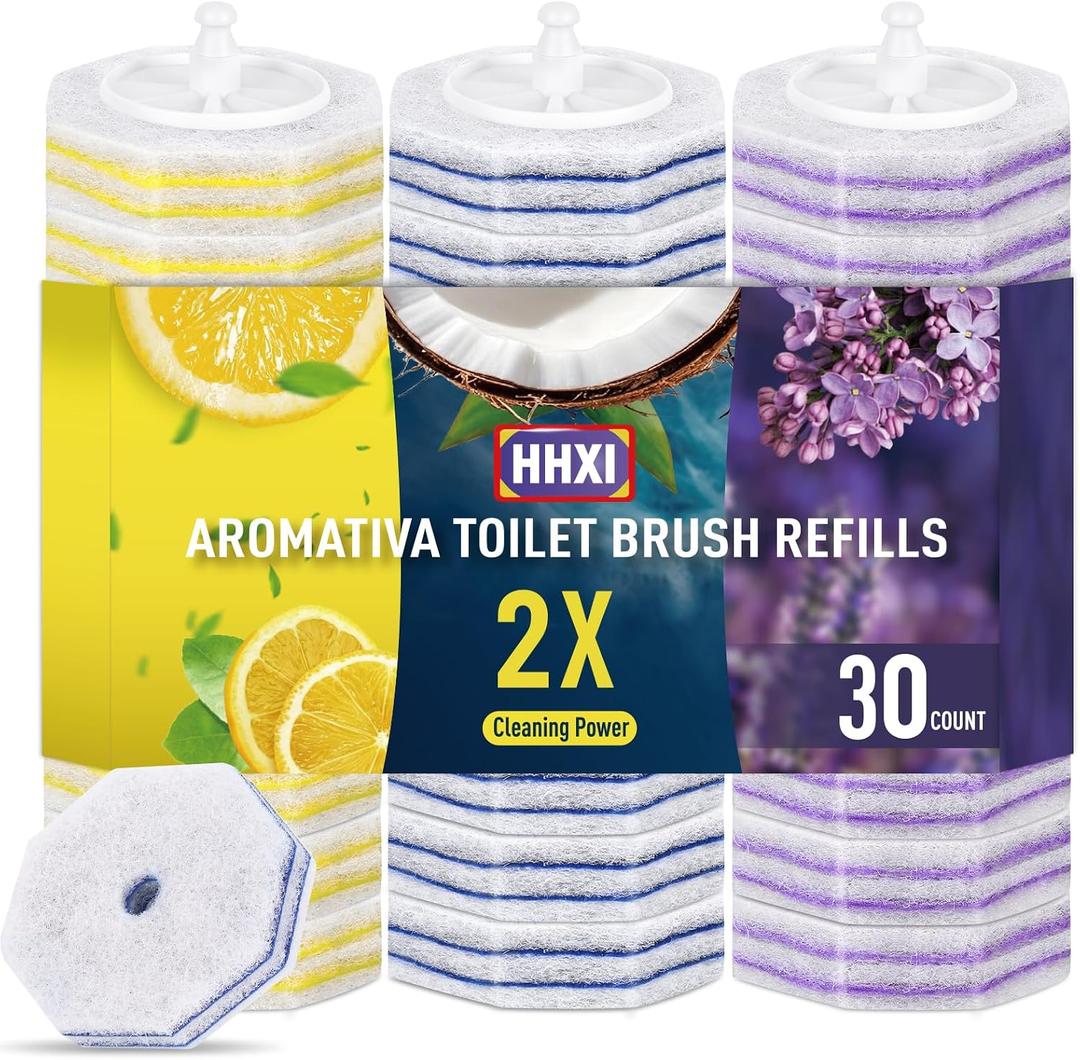 30Ct Aromative Toilet Brush Refills, Toilet Bowl Cleaner Refills, Double-Layer Cleaning Pads Added, Disposable Refill Heads for Toilet Bowl Cleaner WandsLemon, Blue Ocean, Lavender Patented