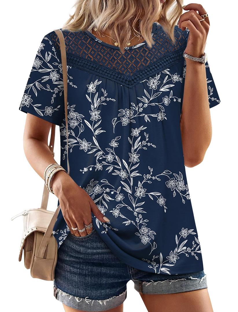 WIHOLL Womens Tops Trendy Short Sleeve T Shirts Spring Summer Tops Business Casual Outfits Work Blouses Office Navy Blue Floral M (Blue, M)