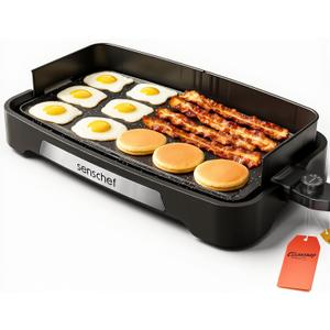 Cleansnap Everyday Electric Griddle, 20 Nonstick Grill with Foldable Anti-Mess Shield, 1700W Fast Heating, ILAG Ultimate Coating, Dishwasher-Safe Removable Plate, Midnight Black