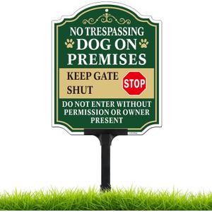 No Trespassing Dog on Premises Sign with Adjustable Height Stake Set, Beware of Dog Sign, 12x10 Inch/44 Inch High-50-Mil Thick Aluminum, Dog on Duty Signs for Yard, Plug and Play Ready, 44x10Inches