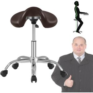 Saddle Stool with Wheels 300 lbs Weight Capacity, Heavy Duty Rolling Stool for Medical Massage Salon Kitchen Spa Drafting Nail-Tech,Height Adjustable,360 Swivel,Wide Thick Seat Padding (Brown)