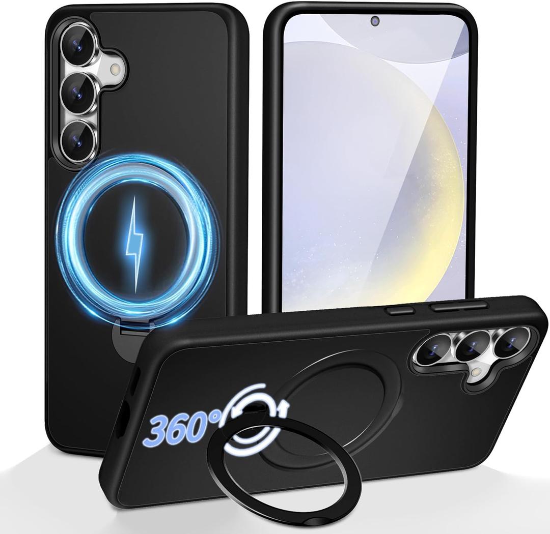 3-in-1 [360 Spin Stand+Magnetic+Ring Holder] Case for Samsung Galaxy S24 Plus / S25 Plus Fit for MagSafe, Military Grade Protective, Cover S24 Plus / S25 Plus Phone Cases for Women/Men 6.7Black