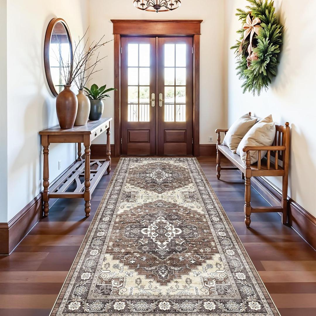 4x10 Wide Hallway Runner Rug: Vintage Washable Soft Rugs for Living Room Bedroom Water Resistant Carpet with Non-Slip Backing for Entry Kitchen Dining Room Thin Nursery Bathroom Floor Mat(Brown,4x10)