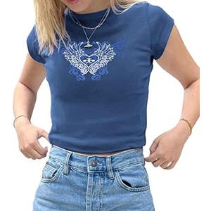Meladyan Women Cute Letter Print Short Sleeve Crop Tee Shirt Top Crewneck Slim Fit T-Shrits 90s Egirls Streetwear, M