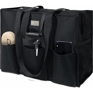 TOPDesign Utility Water Resistant Tote Bag with 13 Pockets, Top Zipper Closure & Thick Bottom Support, for Working Women (Large, Black)