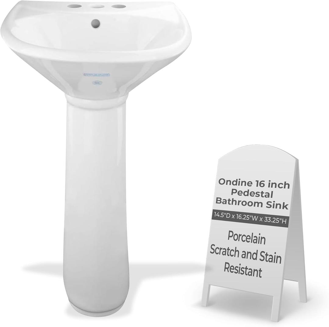 Small Bathroom Pedestal Sink White With Overflow Centerset Faucet Holes Grade A Vitreous China 33 Inch Tall x 16 Inch Wide x 14 Inch Projection Space Saving Ondine Design Renovator's Supply
