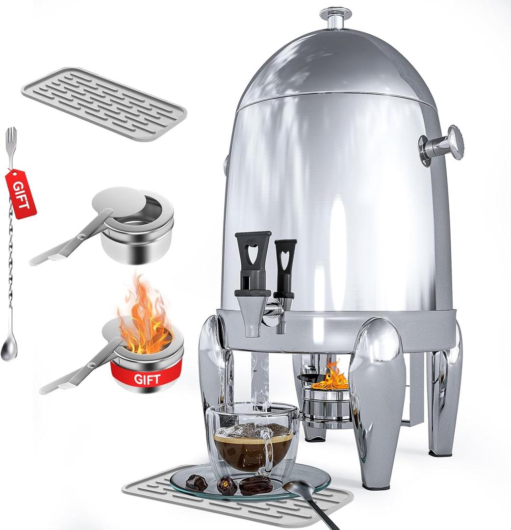 Coffee Urn With Fuel Holder, 3.2 Gallon/12L Stainless Steel Beverage Dispensers for Coffee Tea Hot Water, Hot Drink Dispenser with Stand, Chafer Urn with Spigot for Parties Catering (Polised Silver) (Polised Silver)