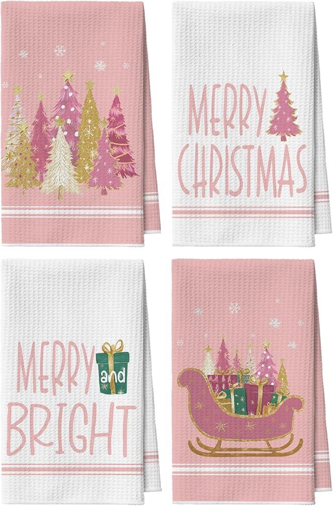 Artoid Mode Blue Xmas Tree Star Sledge Christmas Bar Kitchen Towels, 12x24 Inch Quick Dry Microfiber Cloth Dish Towels for Kitchen Drying Set of 4