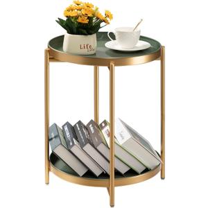 TeoKJ 2 Tier Gold Side Table, Folding Round Metal End Table Small Nightstand with Two Removable Tray for Bedroom Living Room Bedside Small Spaces Gold + Dark Green (Gold + Dark Green)