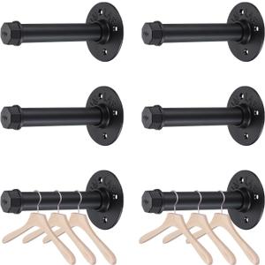 BTSKY 6 Pack Clothes Rack with Screws, 6 Inch Metal Industrial Pipe Clothes Bars for Hanging Clothes, Heavy Duty Wall Mounted Clothing Hanging Rod Shelving Brackets for Laundry Room Retail Store,Black