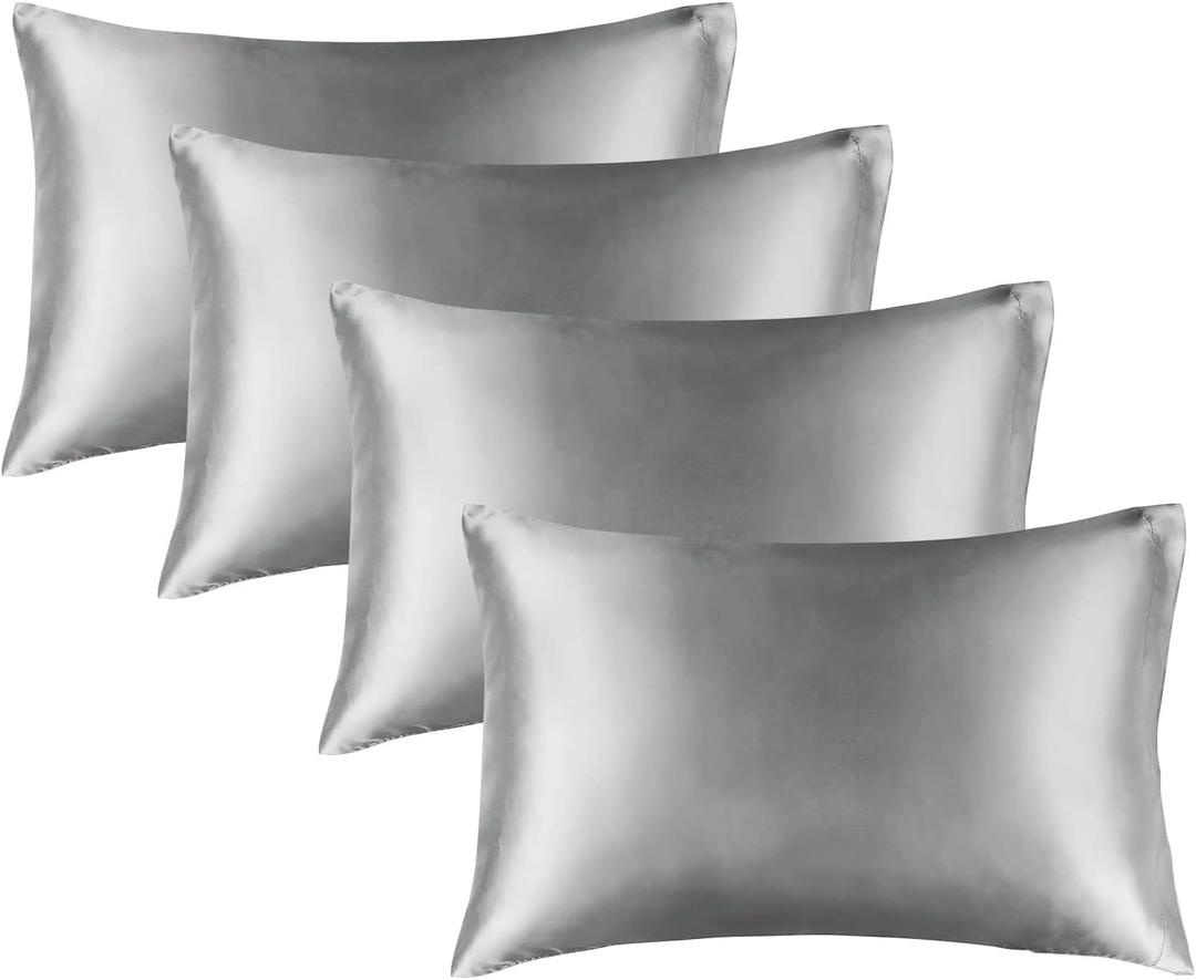 BEDELITE Satin Pillowcase for Hair and Skin, Super Soft Similar to Silk Pillow Cases 4 Pack with Envelope Closure, Cooling Pillowcases for Women Men (20"x26" Standard Size, Grey)