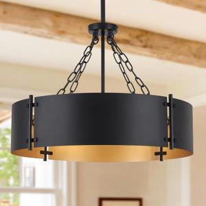 23.62'' Modern Drum Chandelier 6-Light Farmhouse Black and Gold Dining Room Light Fixture Industrial Large Pendant Lighting Rustic Hanging Light Fixtures Chandeliers for Living Room Kitchen Entryway