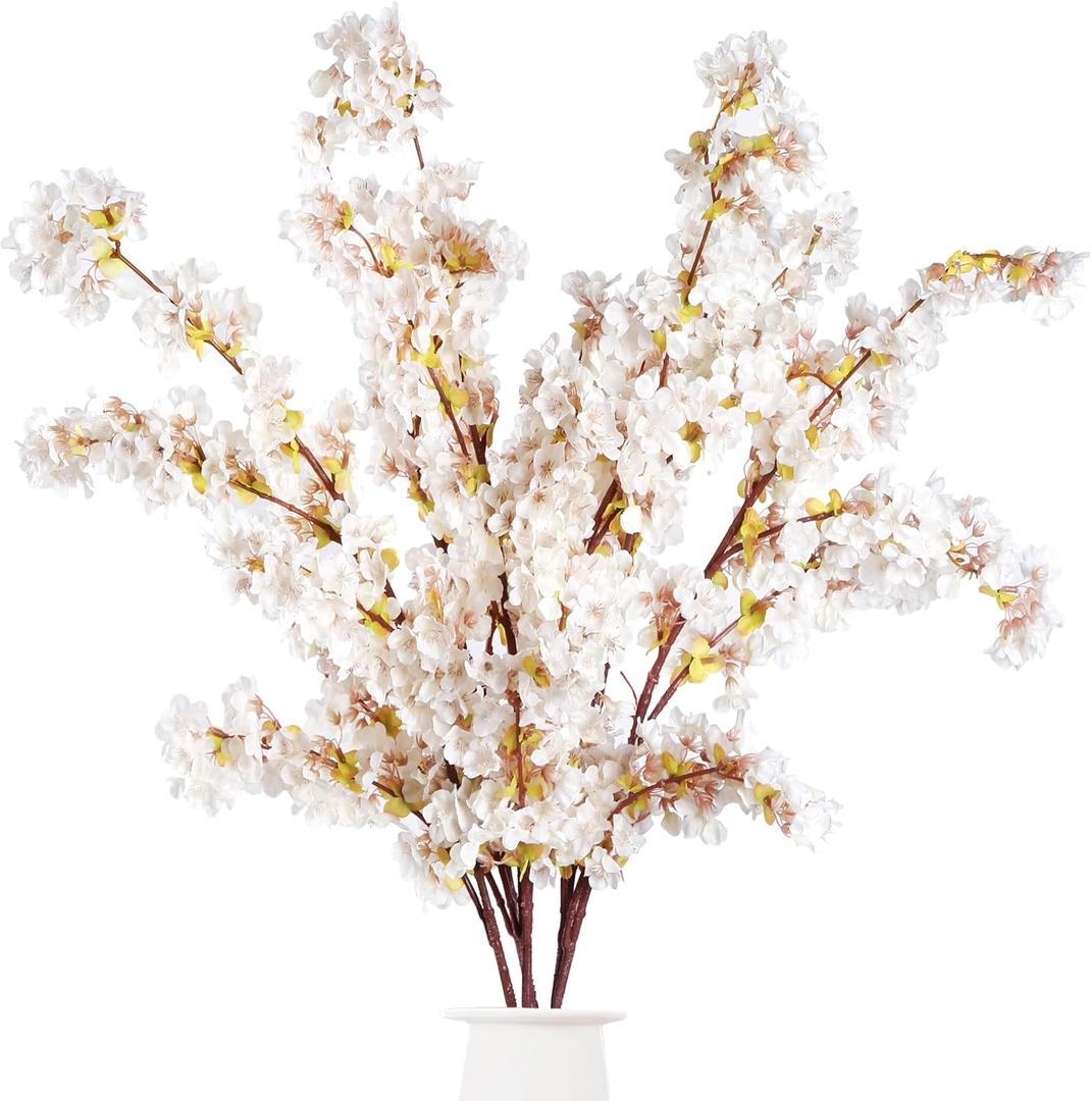 Sggvecsy Artificial Cherry Blossom Branches Faux Cherry Flowers 39 Inch Peach Branches Silk Tall Stems for Home Wedding Table Vase Decor (4 Pcs, Ivory)