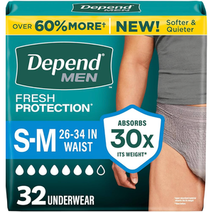 Depend Fresh Protection Adult Diapers, Incontinence Underwear for Men, Disposable, Maximum, Small/Medium, Grey, 32 Count