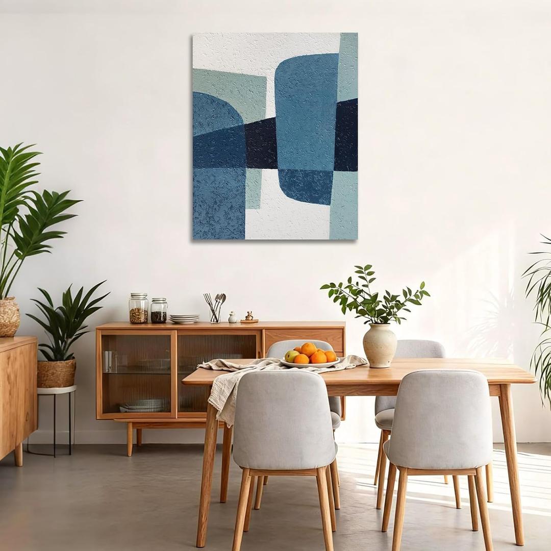 ZHENGYIN Blue Gray Abstract Wall Art, Mid Century Geometric Oil Painting, Minimalist Wall Decor for Living Room Bedroom Office 32x40 Inch