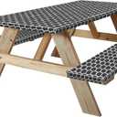 7ft Picnic Table and Bench Cover, Camping Essentials RV Gear, 84 in Waterproof Windproof Outdoor Elastic All Around Tablecloth, Fitted Rectangle Tables and Seats, Black-White Moroccan