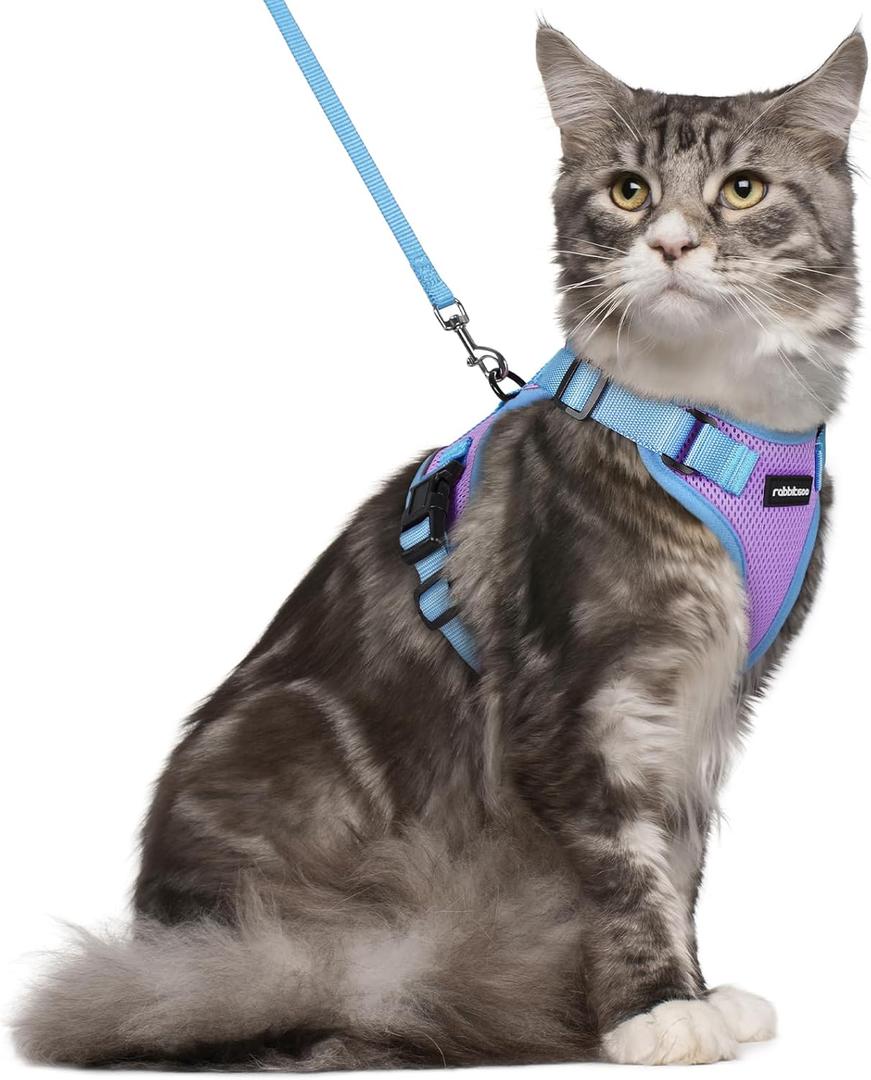 rabbitgoo Cat Harness and Leash Set, Escape Proof Soft Adjustable Vest Harnesses for Outdoor Walking, Easy Control Breathable Kitten Jacket with Reflective Strips, Purple & Blue, Size M