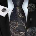 GUSLESON 8cm Paisley Tie Set for Men Necktie Lapel Pin Pocket Square Cufflinks Set for Men (Black)
