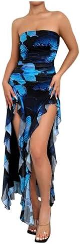WDIRARA Women's Butterfly Print Asymmetrical Bodycon Maxi Dress Split Ruffle Trim Strapless Tube Dresses, No Size Mark