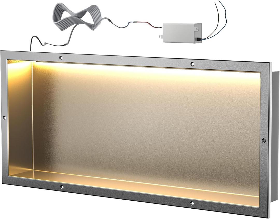 Prefabricated Shower Niche with LED Light, Aluminium Wall Niche, Ready for Tile, Tileable Prefab Shelf for Bathroom Renovation (12''x30'') (brushed)