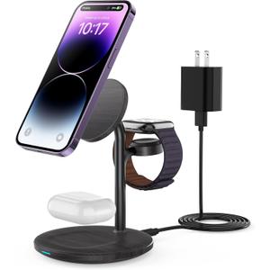 3 in 1 Wireless Charging Station for Multiple Devices, 15W Fast Wireless Mag-Safe Charger Stand for iPhone 14 13 12 Pro Max/Plus/Pro/Mini, Mag Charger for iWatch Ultra/8/7/SE/6/5/4/3/2, AirPods (Black)