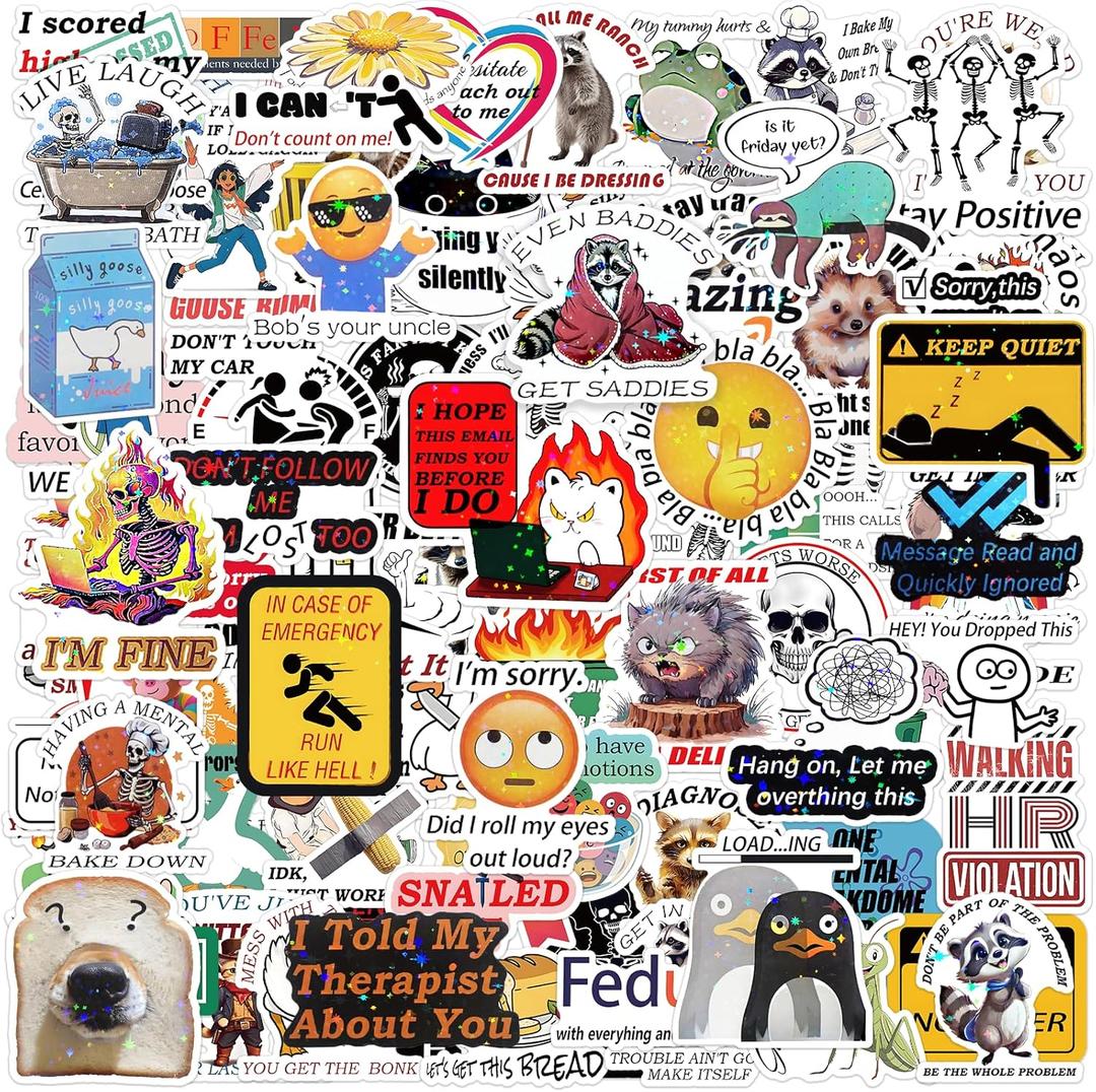 3 x 100PCS Funny Holographic Stickers for Adults, Meme Waterproof Vinyl Sticker for Water Bottle,Laptop Phone,Kindle,Journal,Scrapbook,Skateboard,Luggage,No Repeats (102)