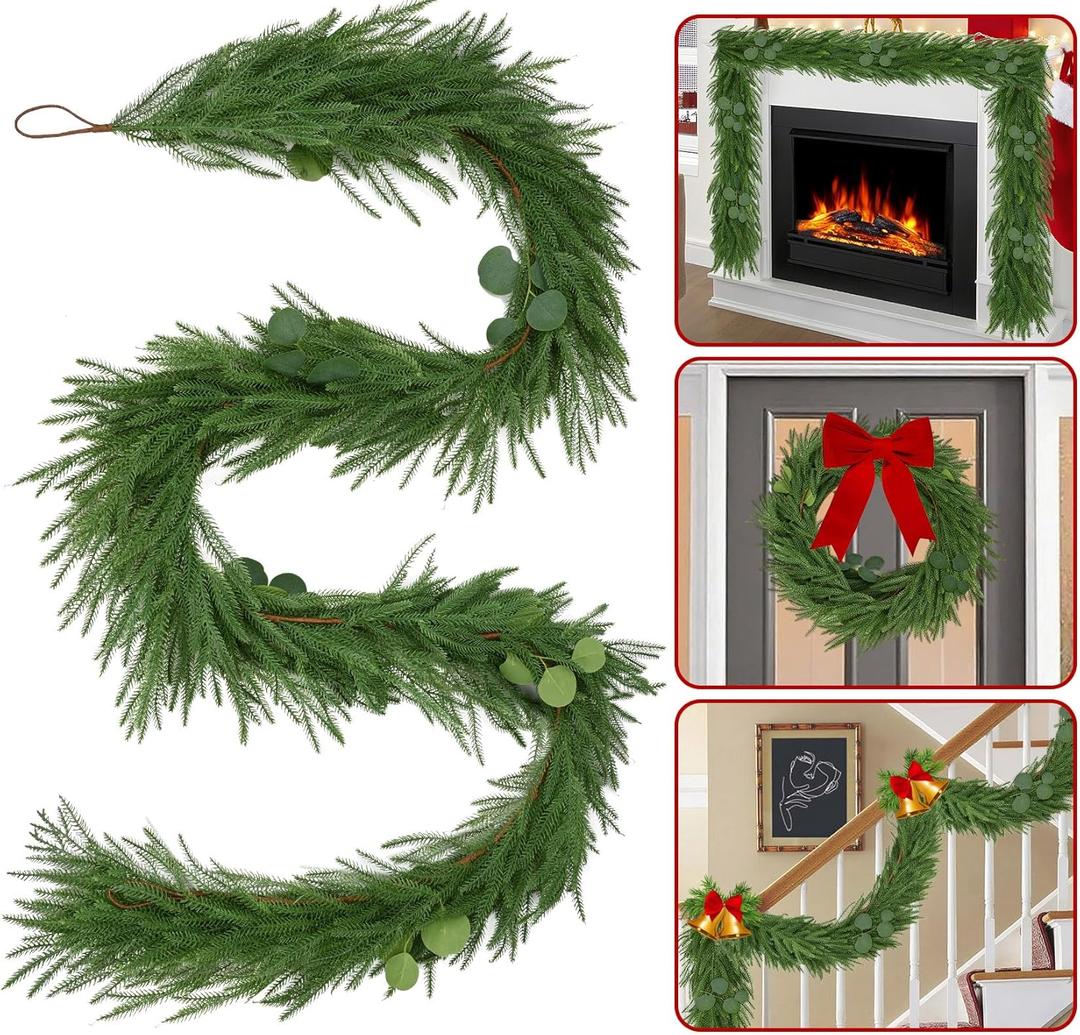 9FT Christmas Norfolk Pine Garland with Eucalyptus Real Touch Faux Greenery Garland Realistic Artificial Christmas Winter Holiday Decor Indoor Outdoor for Xmas Mantle,Stairs,Window,Fireplace (1)