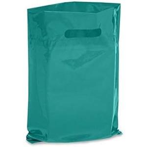 Brilliant Bag Co Extra Thick 1.5mil - 50 Glossy Merch Bags, Retail bags, 9" X 12" with Die Cut Reinforced 3" Fold Over Handle, No Gusset (Turquoise)
