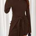 Dowerme Women's Casual Mini Dress 2026 Bell Long Sleeve Boat Neck Tie Waist Bodycon Dresses Knitted Party Fall Outfits (Brown, XXL)
