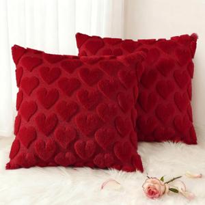 decorUhome Valentines Day Soft Plush Throw Pillow Covers 16x16 Inch Set of 2, Faux Fur Red Heart Decoration Neutral Square Pillow Covers for Couch Sofa Bed Cozy Farmhouse Holiday Decor