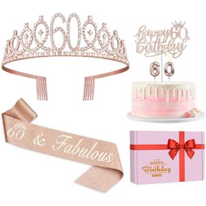 60th Birthday Decorations for Woman, Including 60th Birthday Sash and Crown, Cake Topper and Candles, 60 Year Old Gifts for Women