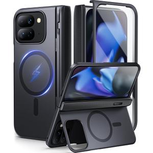 TONGATE Magnetic for Pixel 9 Pro Fold Case with Stand, [Compatible with MagSafe] Rugged Google 9Pro Fold Phone Case Built in Screen Protector & Hinge Protection for Google Pixel Fold2 2024 8", Black