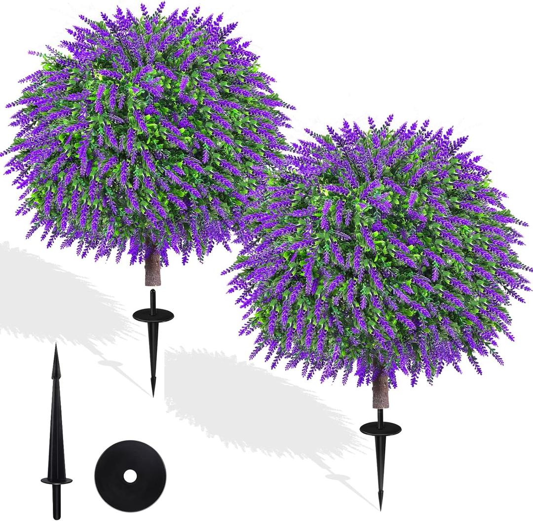 27.5" Artificial Lavender Boxwood Topiary Ball Trees, Set of 2 Fake Shrubs Bushes with Ground Spike, UV Resistant Faux Evergreen Tree for Front Porch Outdoor Garden Decor