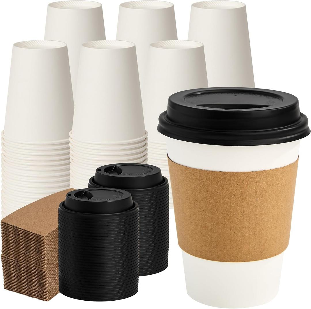 RACETOP 12 oz Disposable Paper Coffee Cups with Lids and Sleeves, 500 Pack